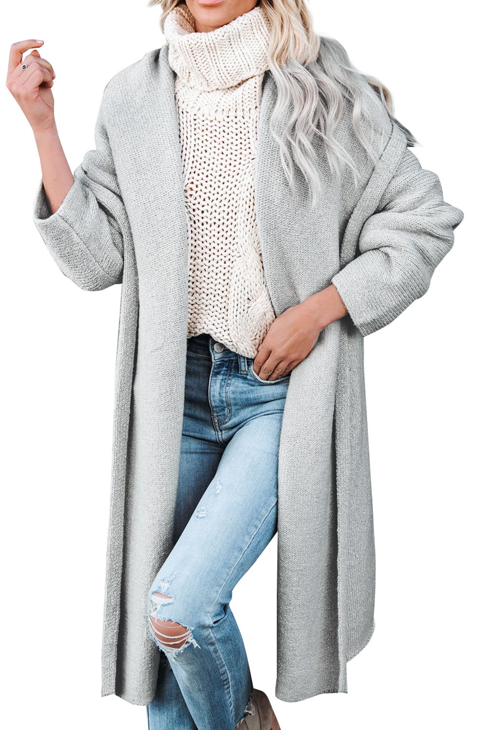 Open Front Hooded Sweater Cardigan in a solid color, showcasing its stylish hood and open front design, perfect for winter wear.