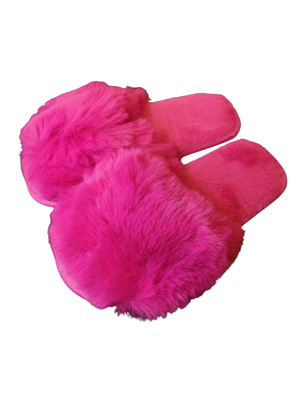 Open Toe Fluffy Slider Slippers in Pink, featuring soft faux fur and a padded sole for ultimate comfort.