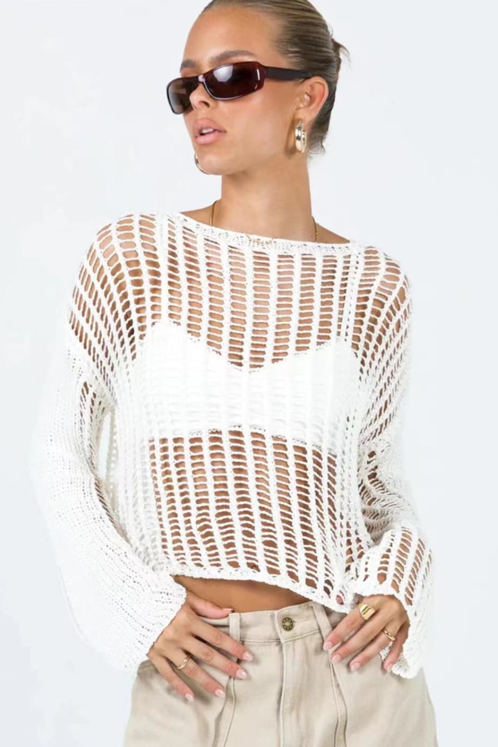 Openwork Boat Neck Long Sleeve Cover Up in solid color, featuring sheer fabric and long sleeves, perfect for beachwear.