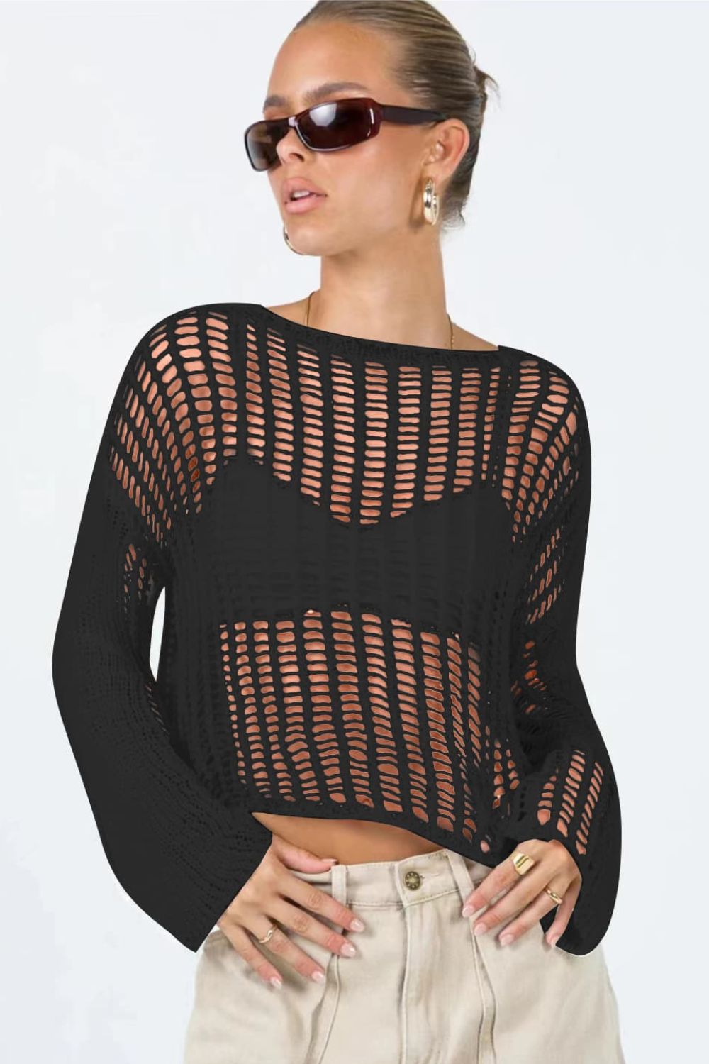 Openwork Boat Neck Long Sleeve Cover Up in solid color, featuring sheer fabric and long sleeves, perfect for beachwear.