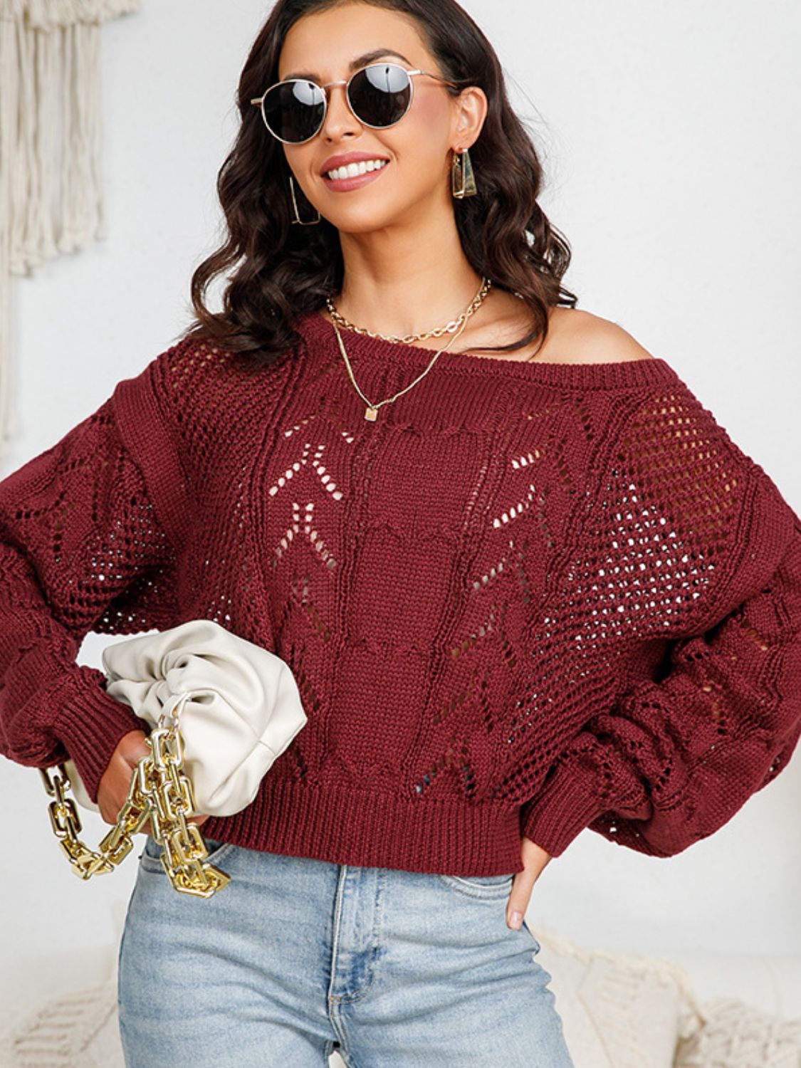 Openwork Boat Neck Ribbed Trim Sweater in a solid color, featuring a stylish boat neck and long dropped shoulder sleeves, made from 100% cotton.