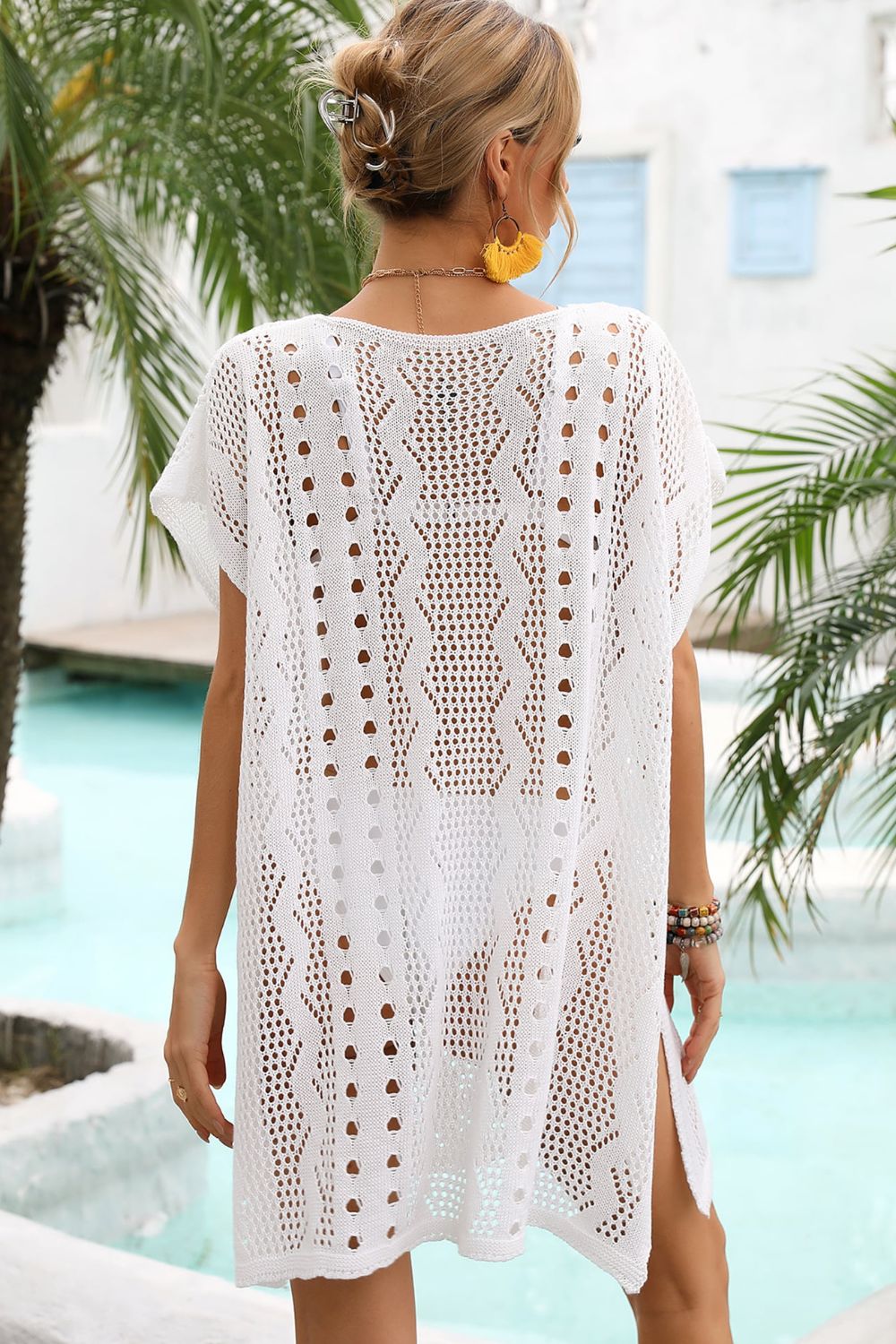 Openwork Plunge Dolman Sleeve Cover-Up Dress featuring a V-neckline and dolman sleeves, perfect for summer outings.