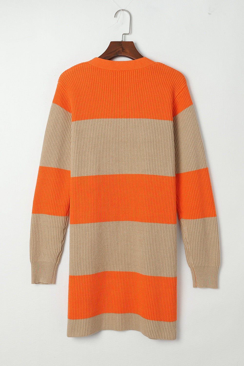 Orange Colorblock Ribbed Knit Cardigan displayed on a mannequin, showcasing its trendy design and soft ribbed fabric.