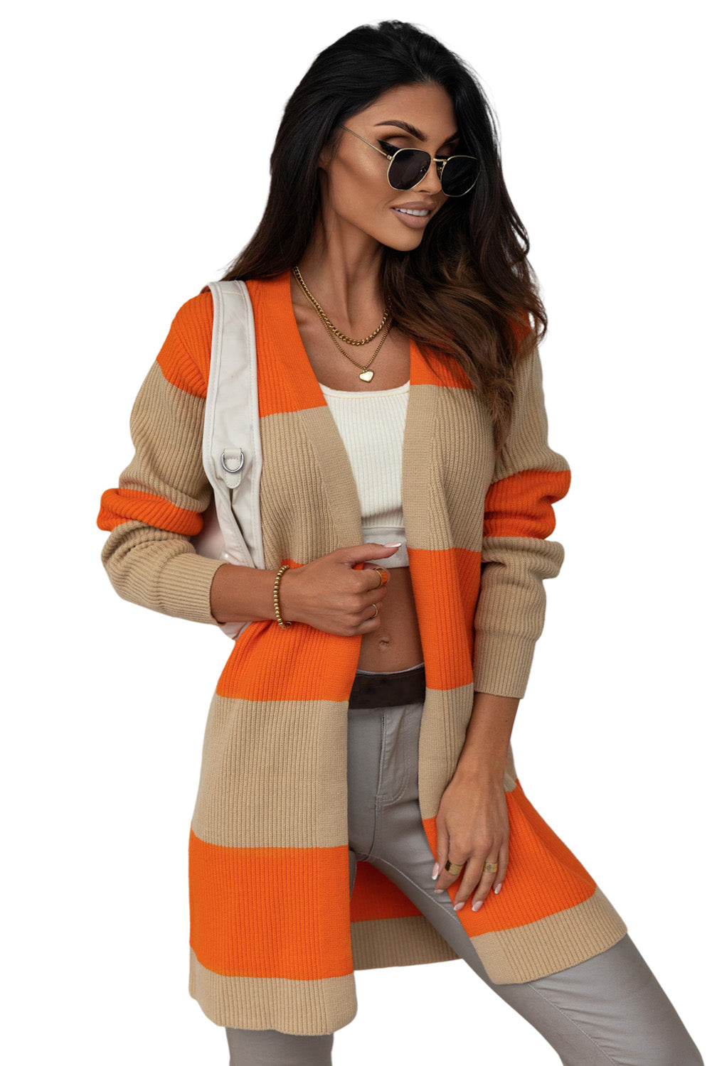 Orange Colorblock Ribbed Knit Cardigan displayed on a mannequin, showcasing its trendy design and soft ribbed fabric.