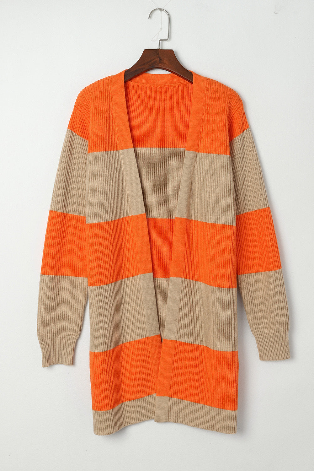 Orange Colorblock Ribbed Knit Cardigan displayed on a mannequin, showcasing its trendy design and soft ribbed fabric.