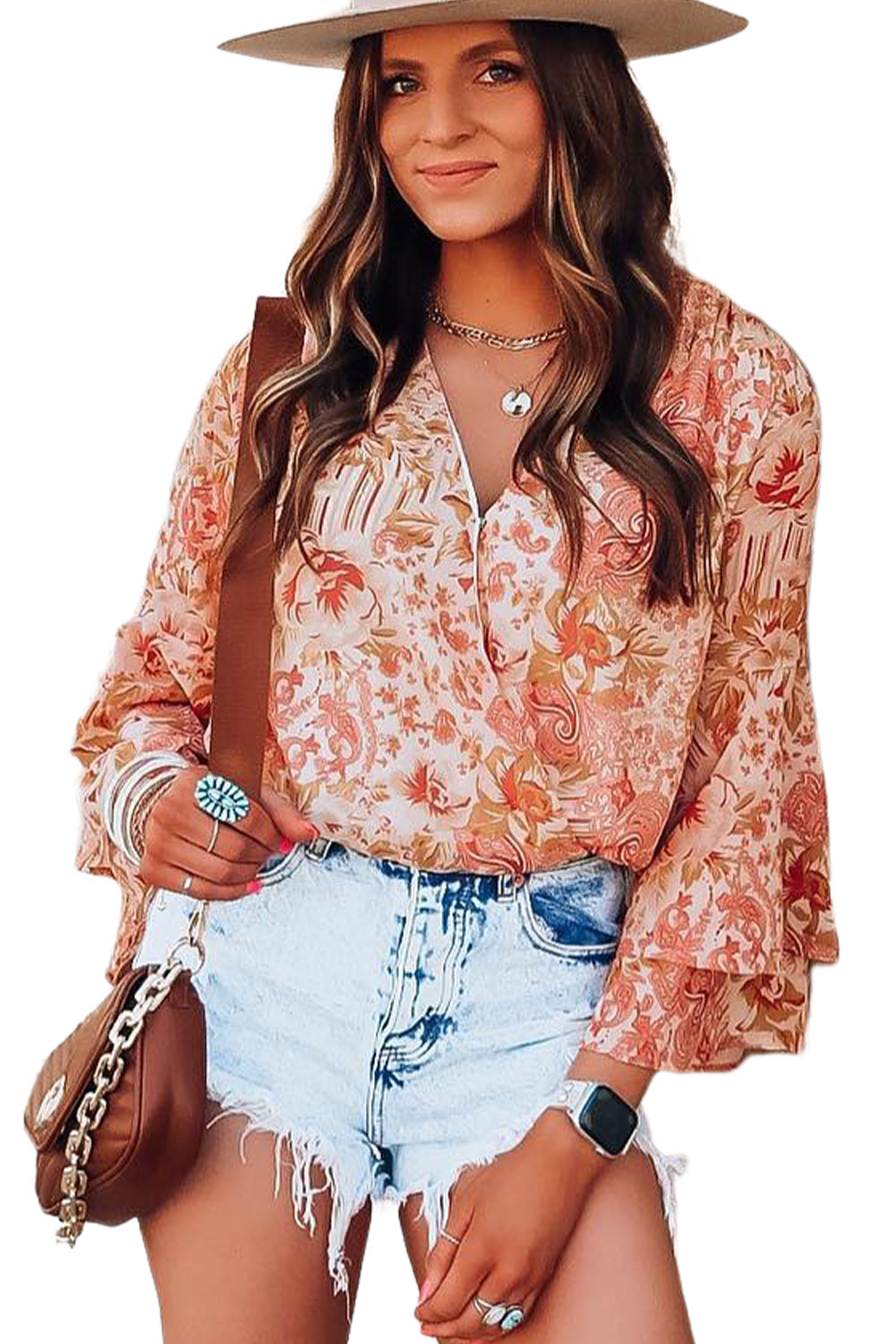 Orange floral print bodysuit featuring ruffled bell sleeves and a V-neckline, perfect for casual outings.