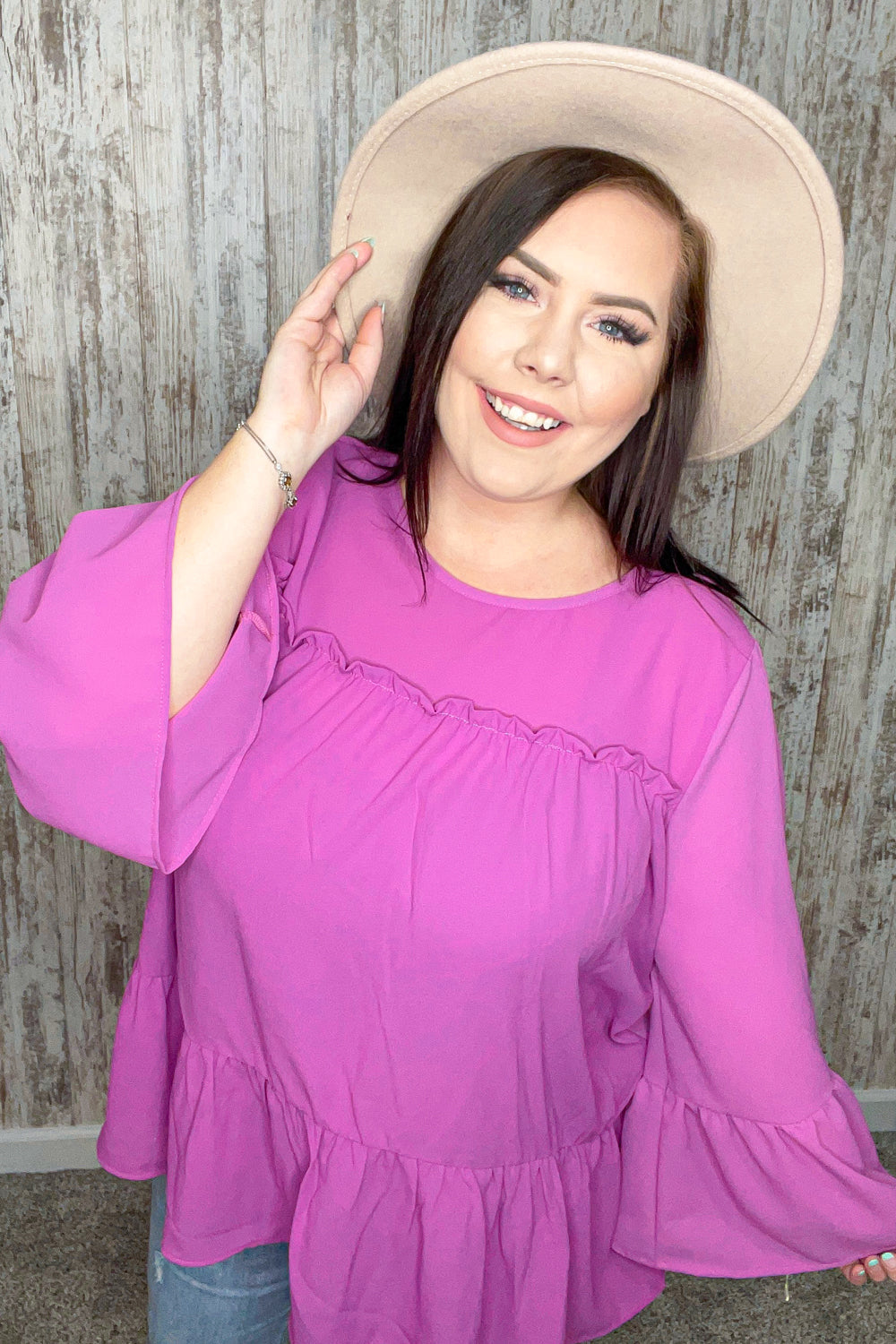 Orchid Round Neck Frill Detail Crepe Blouse featuring a frill yoke and bell sleeves, perfect for stylish outings.