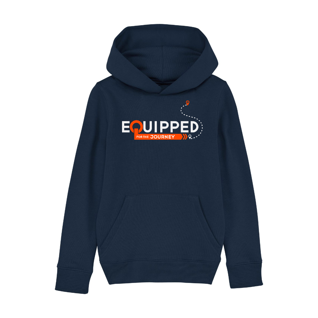 A stylish Organic Kid’s Equipped Hoodie in vibrant colors, featuring a lined hood and kangaroo pocket, made from organic cotton and recycled polyester.