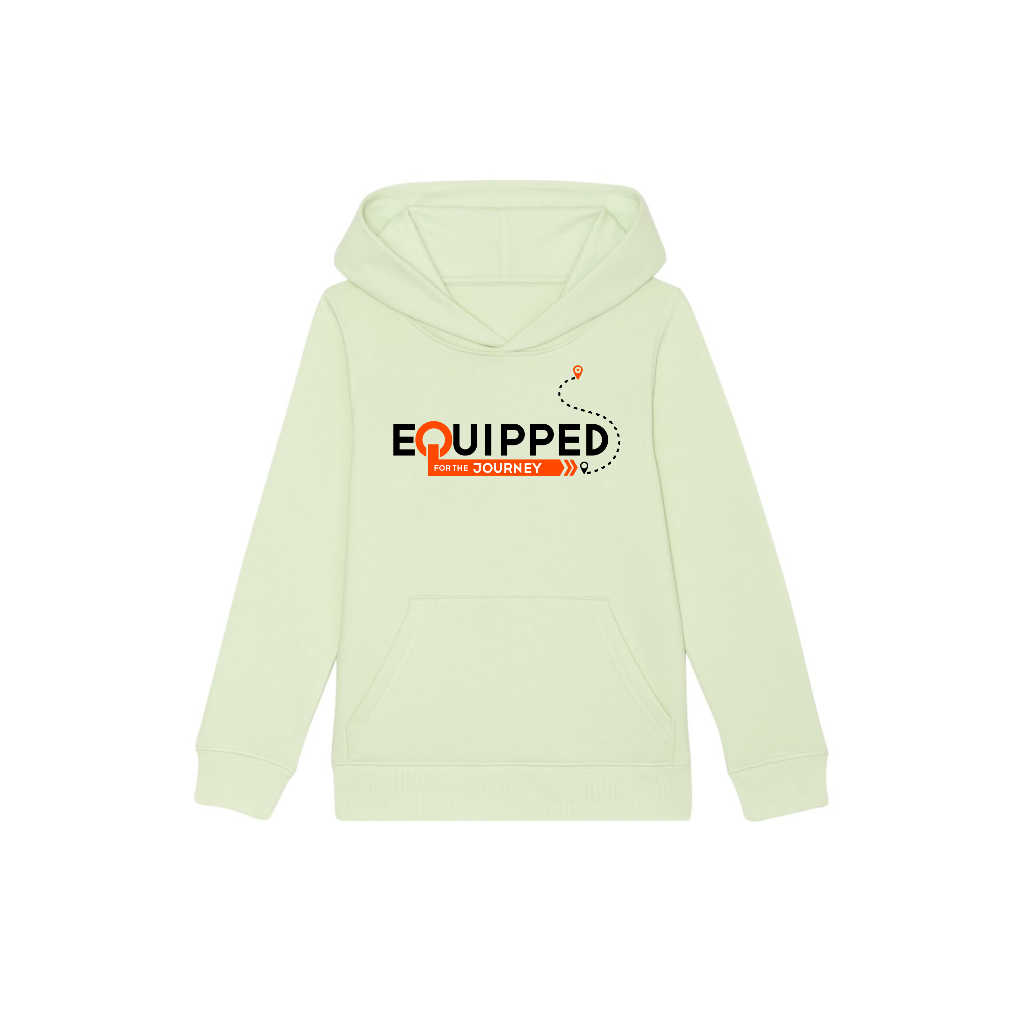 A stylish Organic Kid’s Equipped Hoodie in vibrant colors, featuring a lined hood and kangaroo pocket, made from organic cotton and recycled polyester.