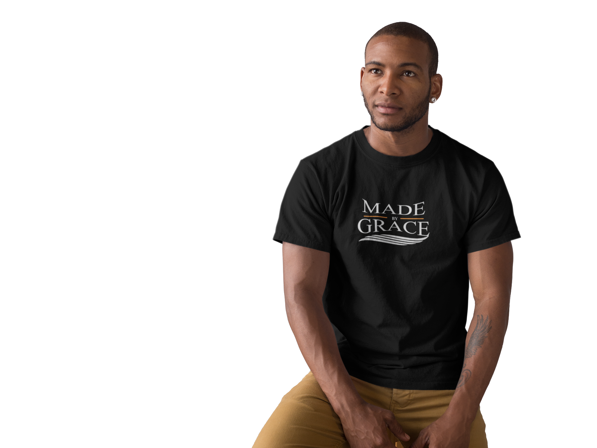 Organic Made By Grace T-shirt made from 100% organic cotton, featuring a ribbed neck collar and hemmed sleeves, available in various sizes.