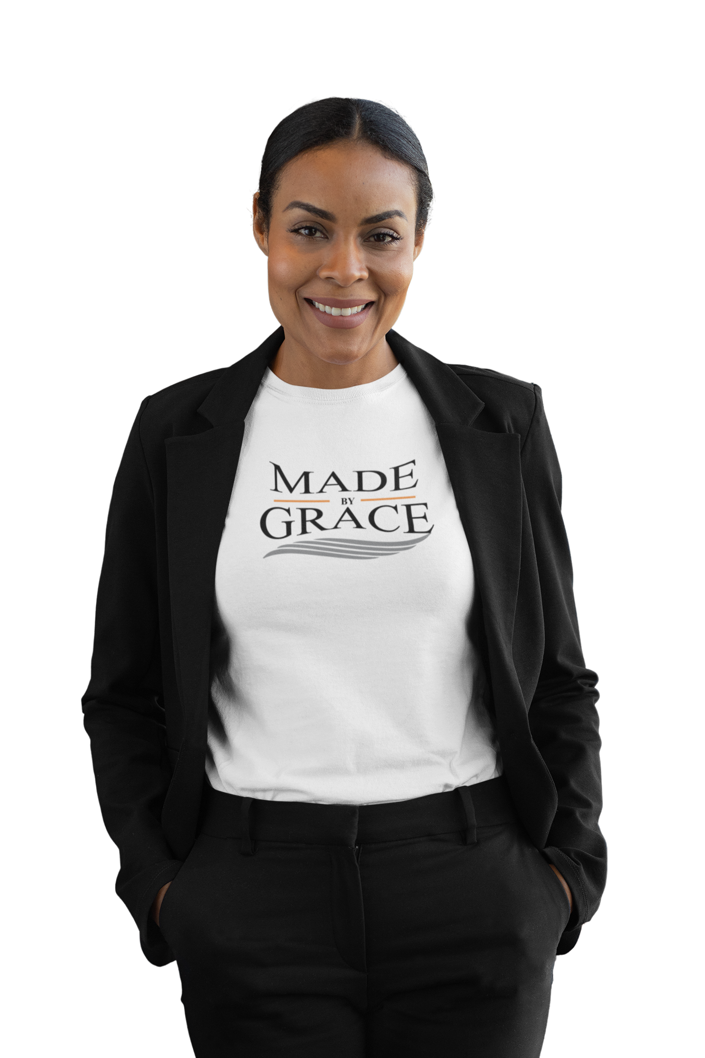 Organic Made By Grace T-shirt made from 100% organic cotton, featuring a ribbed neck collar and hemmed sleeves, available in various sizes.