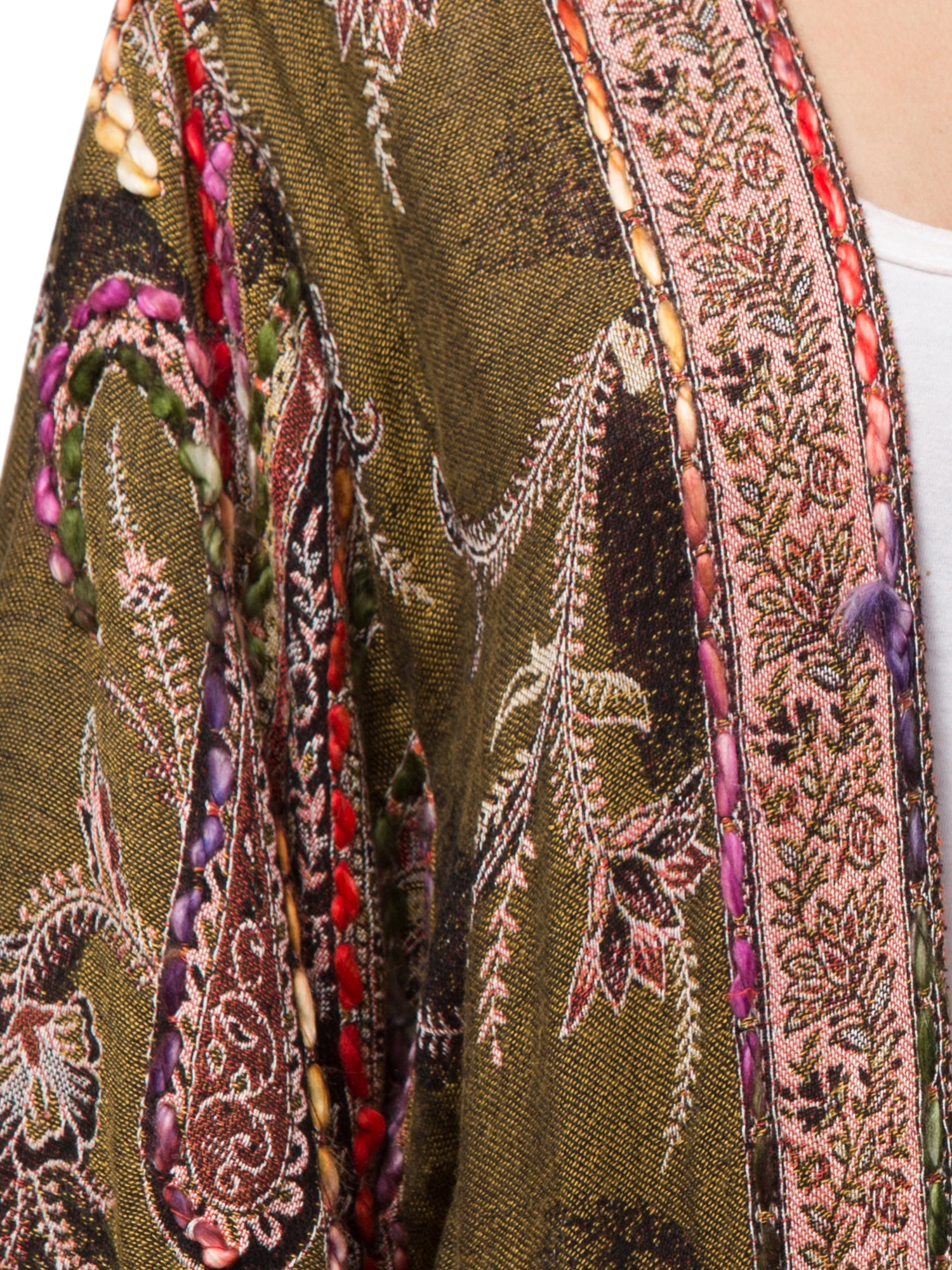 A beautifully handcrafted Orion Kimono Jacket featuring intricate hand embroidery and vibrant colors, showcasing bohemian chic style.