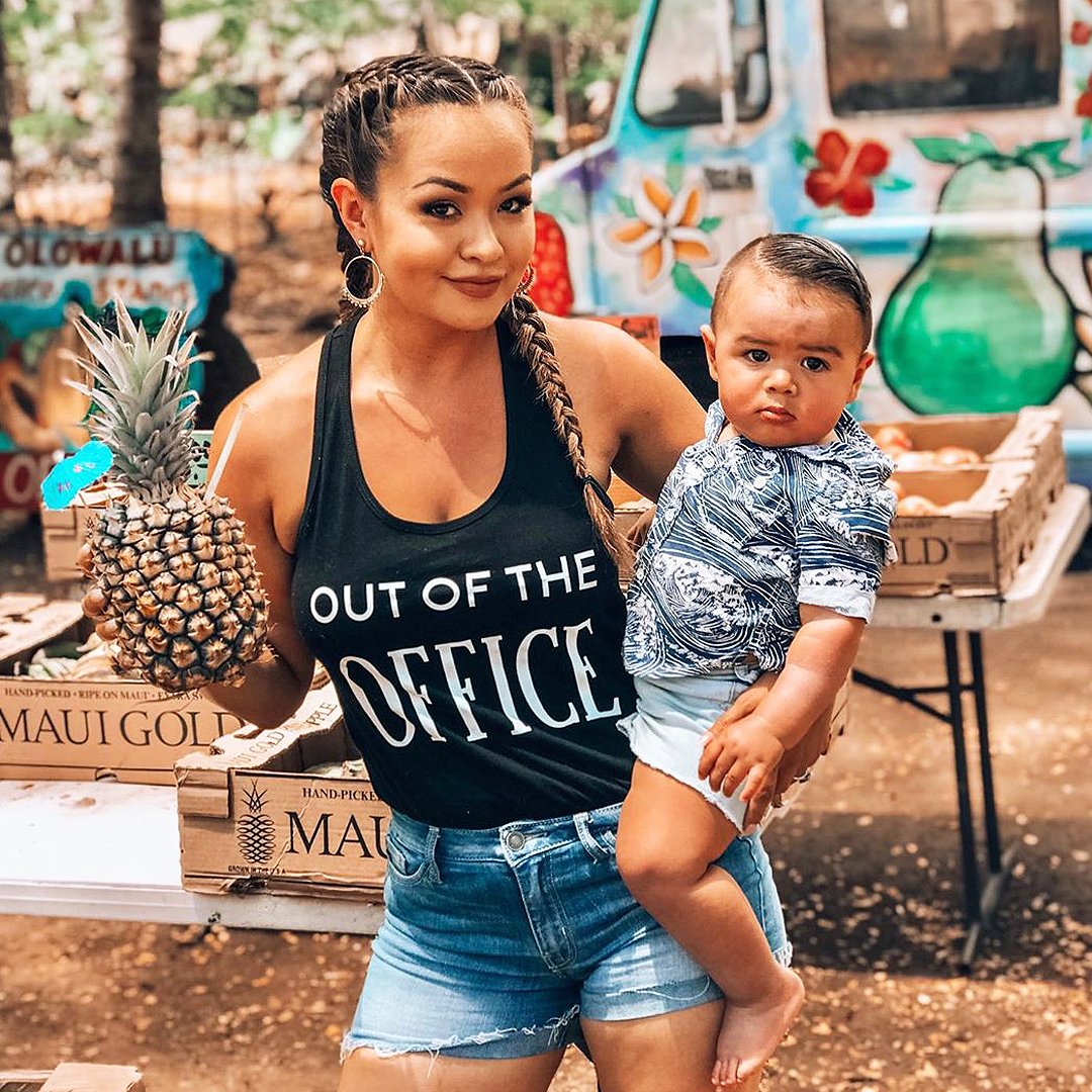 Out of the Office Vacation Shirt in black and white styles, featuring a front tie crop top and racerback tank top designs, perfect for travel.