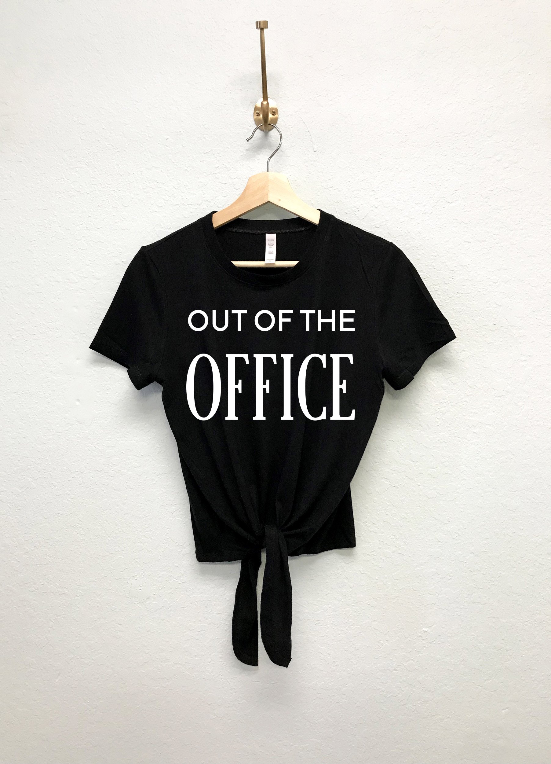 Out of the Office Vacation Shirt in black and white styles, featuring a front tie crop top and racerback tank top designs, perfect for travel.