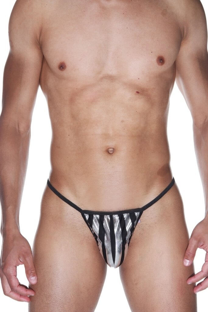 Men's Silver Striped Thong featuring stylish silver stripes on a comfortable fabric, perfect for summer wear.