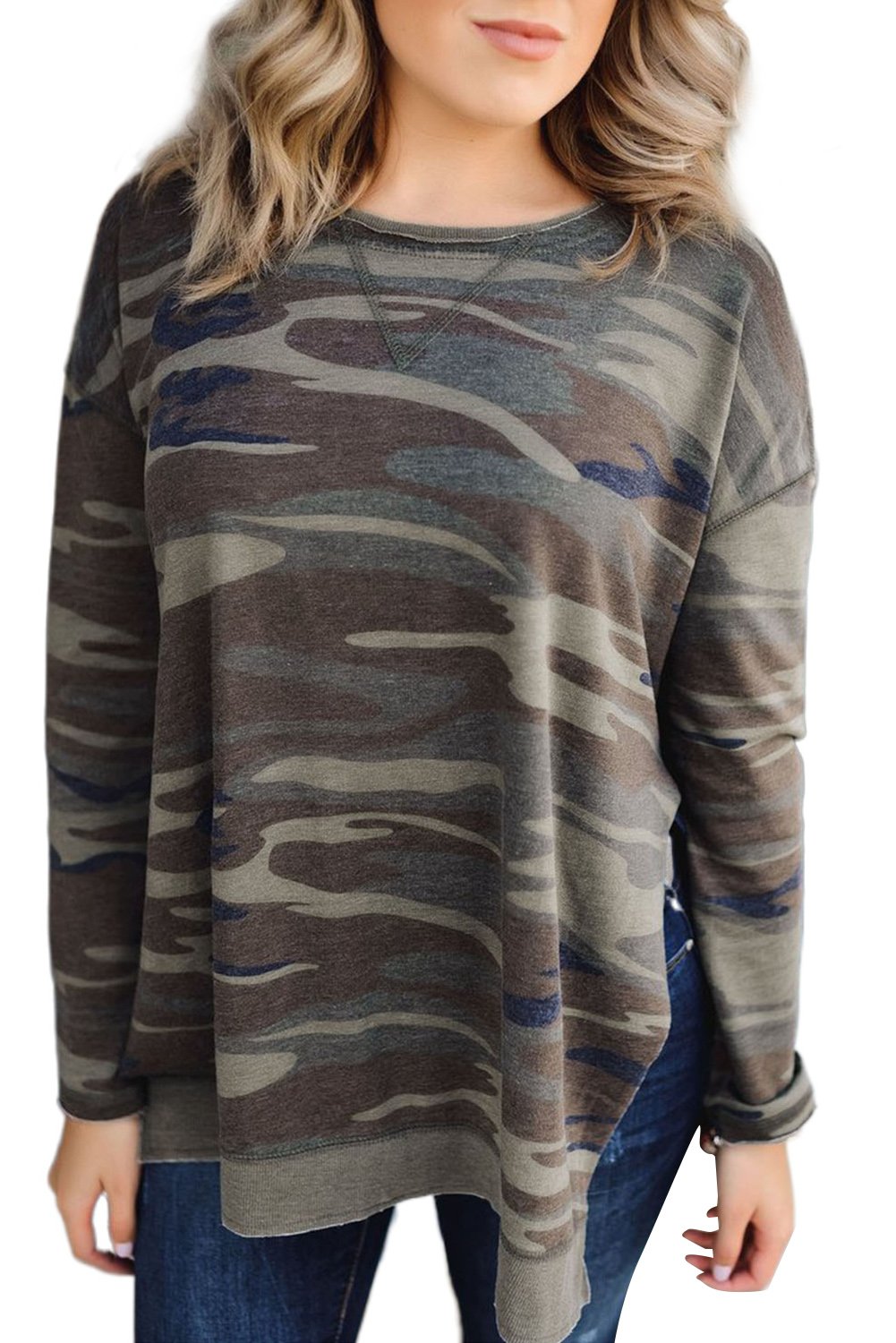 Oversize camo print sweatshirt featuring side slits and a hi-lo hemline, perfect for casual wear.