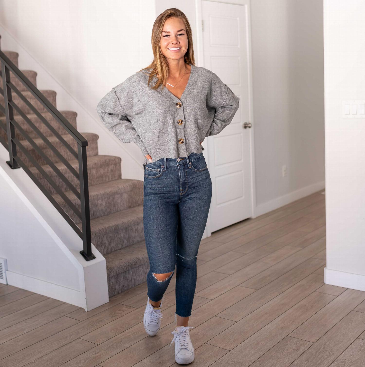 Oversized Hi-low Hem Melange Sweater Cardigan in grey with three buttons and winged sleeves, perfect for layering.