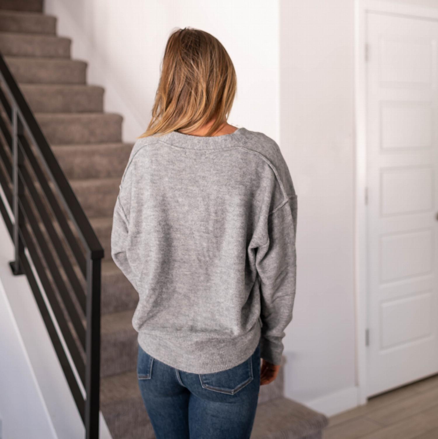 Oversized Hi-low Hem Melange Sweater Cardigan in grey with three buttons and winged sleeves, perfect for layering.