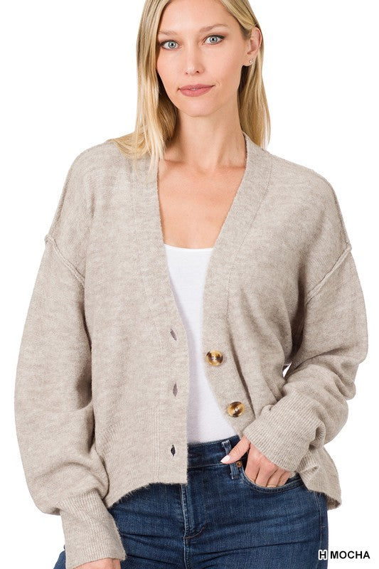 Oversized Hi-low Hem Melange Sweater Cardigan in grey with three buttons and winged sleeves, perfect for layering.