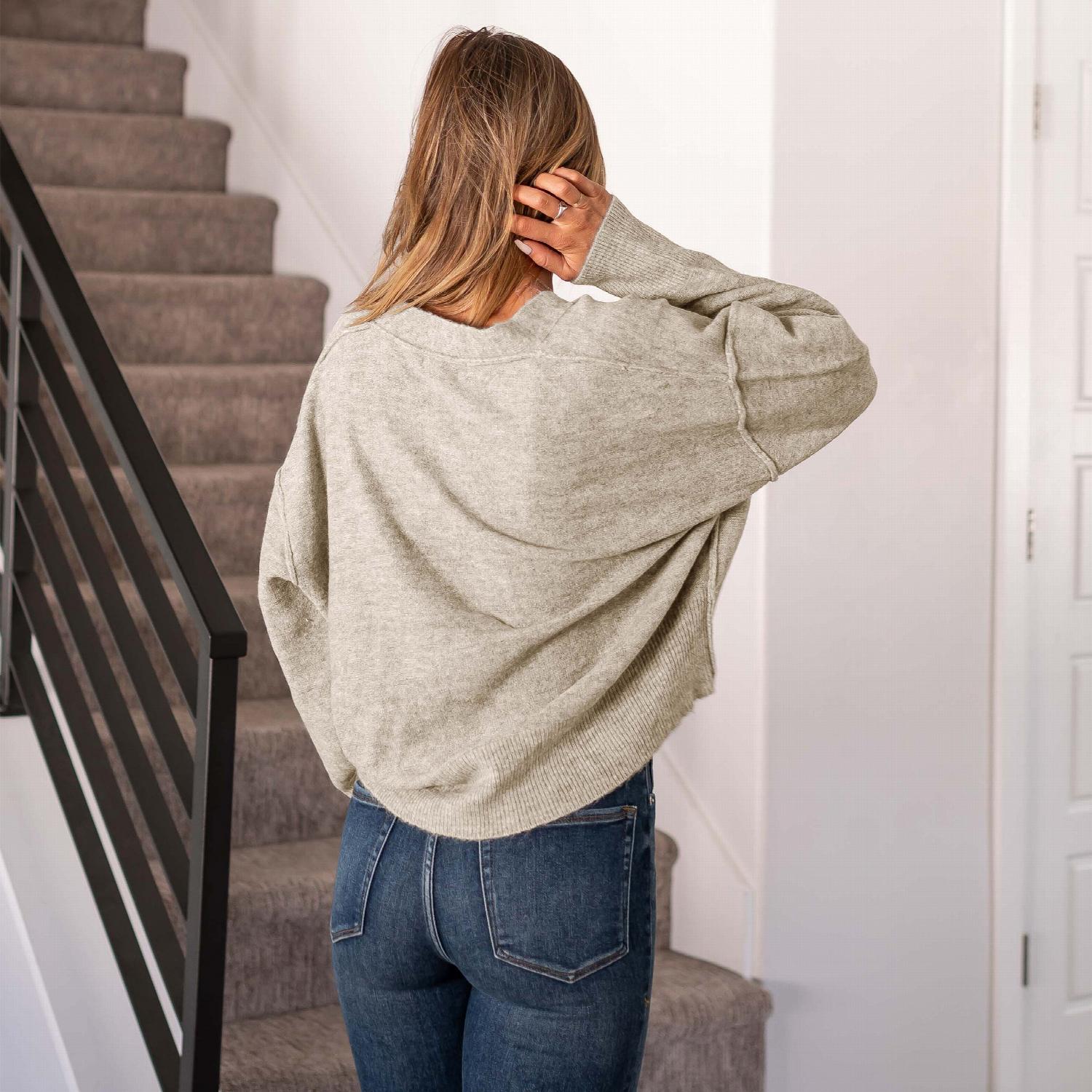 Oversized Hi-low Hem Melange Sweater Cardigan in grey with three buttons and winged sleeves, perfect for layering.