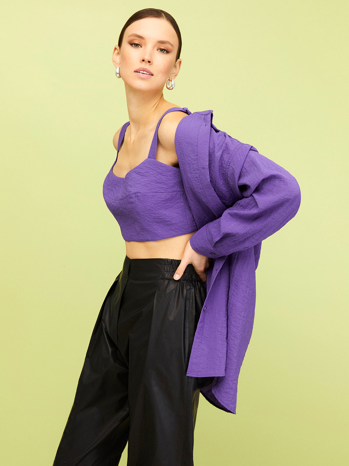 Oversized Twin Set Shirt featuring a comfy button shirt and a wide strap cropped top with zebra stripes in black, white, and purple.