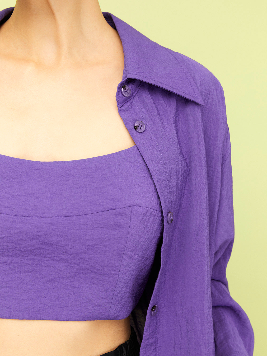 Oversized Twin Set Shirt featuring a comfy button shirt and a wide strap cropped top with zebra stripes in black, white, and purple.