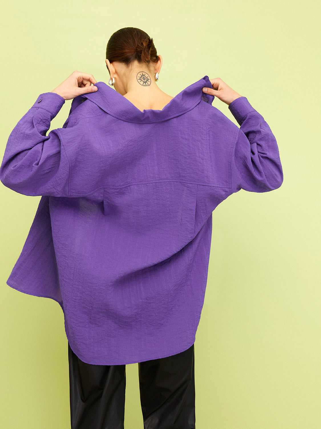 Oversized Twin Set Shirt featuring a comfy button shirt and a wide strap cropped top with zebra stripes in black, white, and purple.