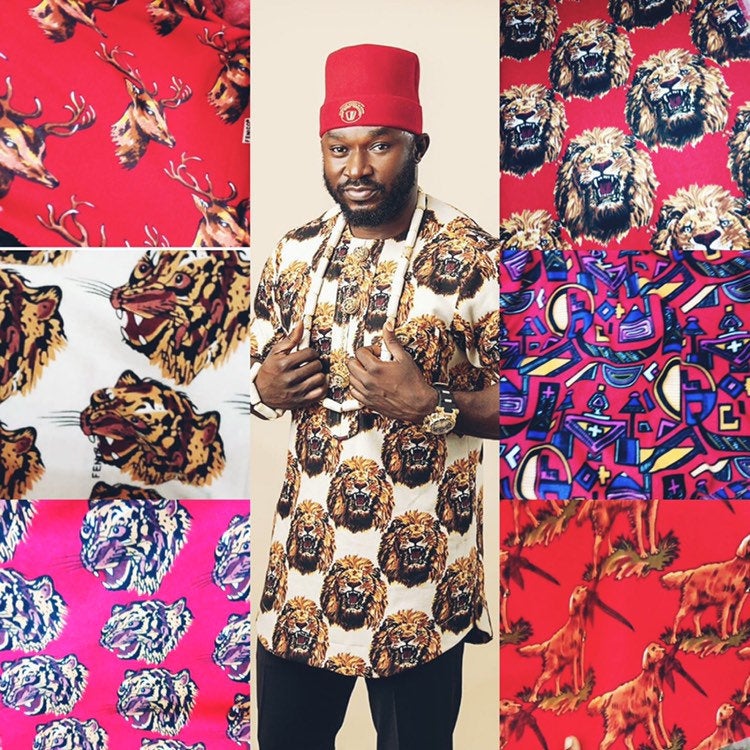 Ozo African Men set featuring a traditional Isiagu shirt in vibrant colors with gold buttons and a breast pocket, accompanied by a red fez hat.