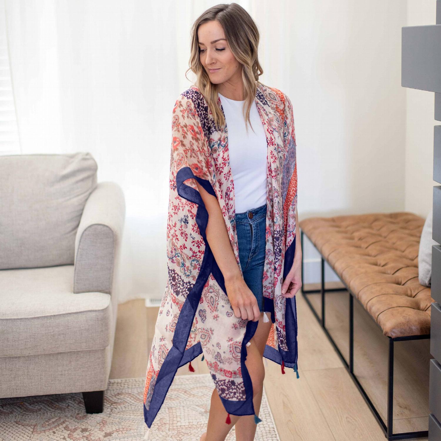 A vibrant Paisley Floral Patchwork Kimono featuring colorful floral patterns, perfect for layering over summer outfits.