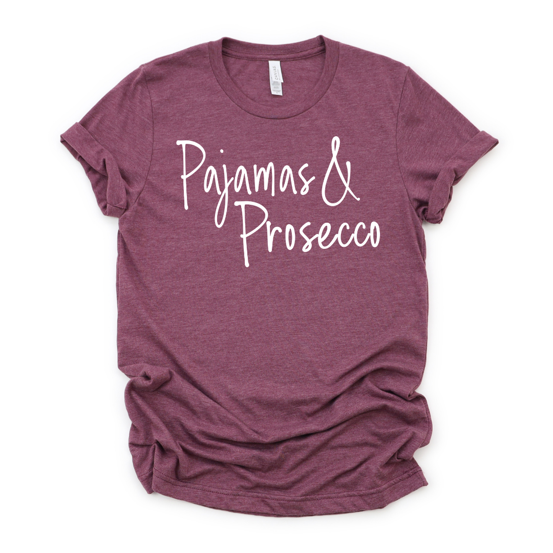 Heather maroon Pajamas & Prosecco T-shirt with white ink print, perfect for casual wear.