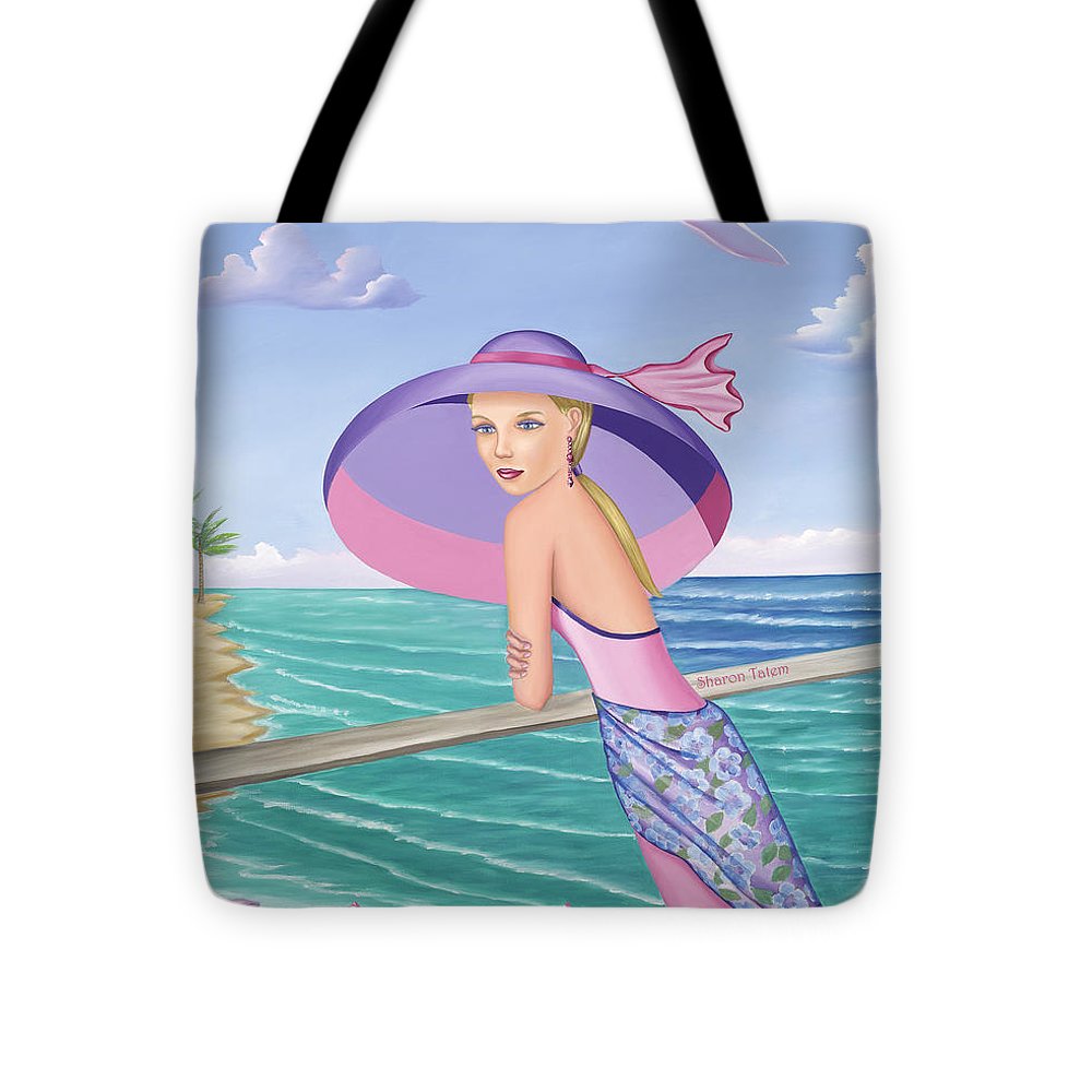 Palm Beach Purple Tote Bag with black strap, showcasing vibrant design and durable fabric.