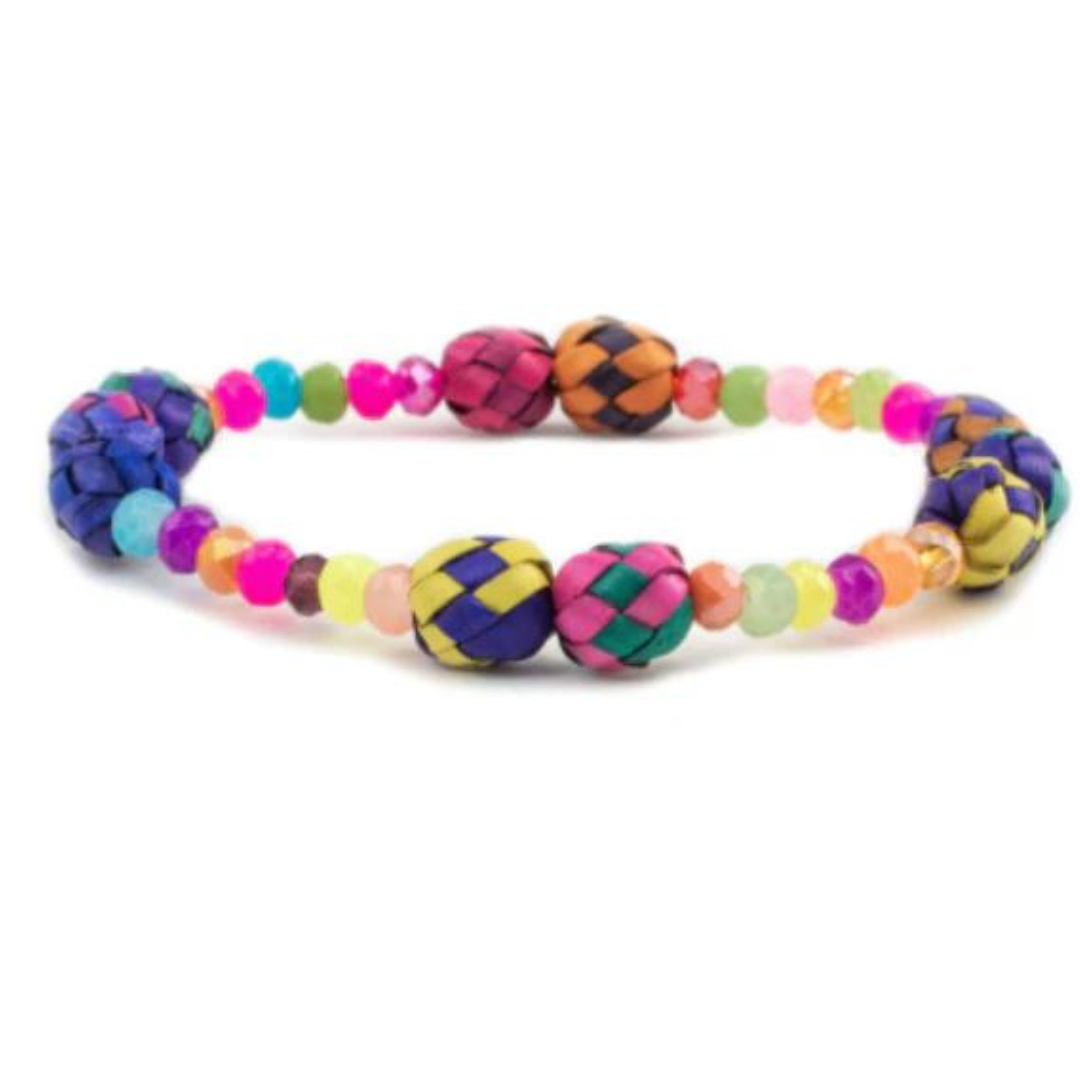 Colorful handcrafted Palm Bracelet made from dyed palm beads, showcasing vibrant patterns and artisan craftsmanship.