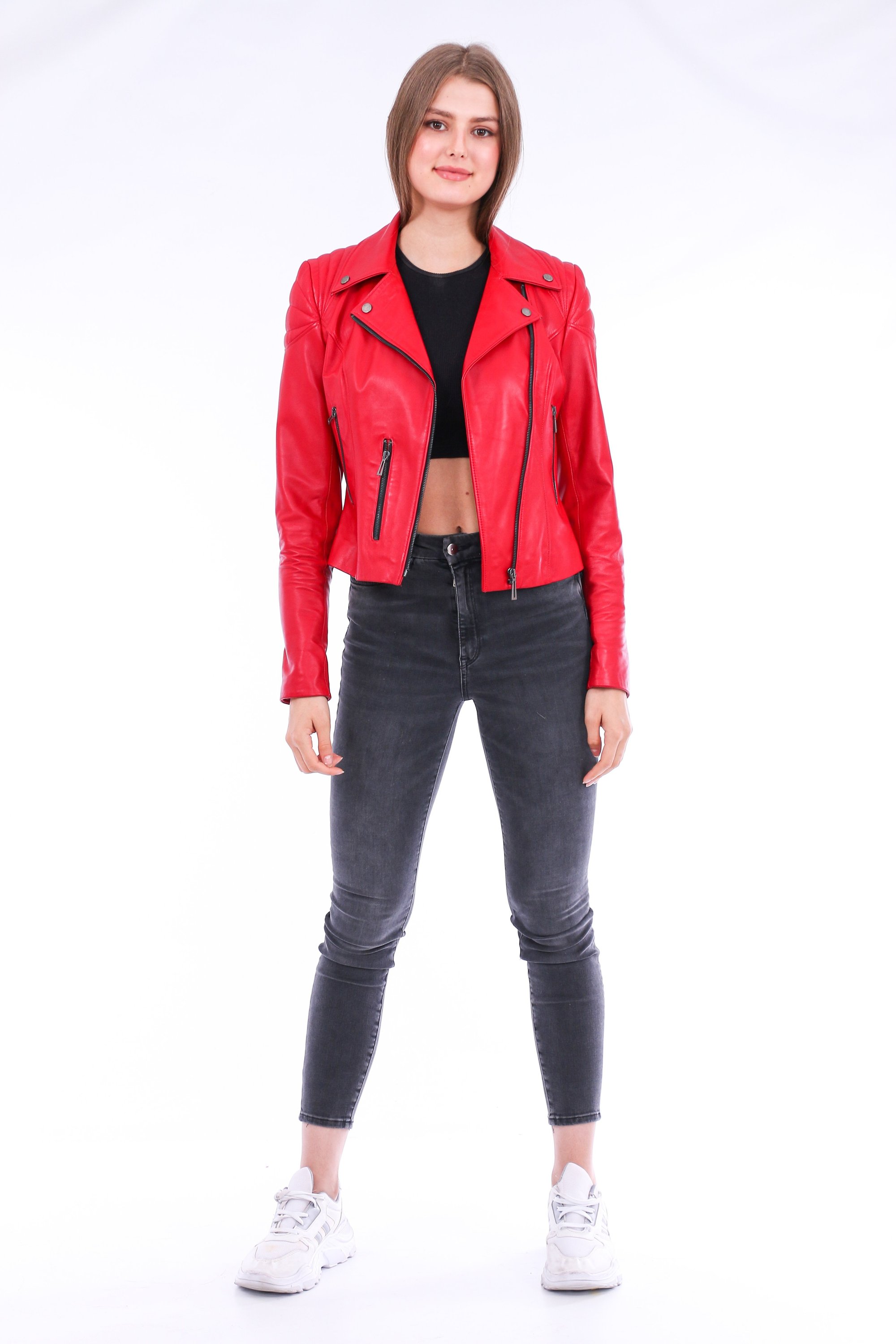 Palomi Leather Biker Jacket in vibrant red, showcasing its luxurious sheepskin leather and stylish design.