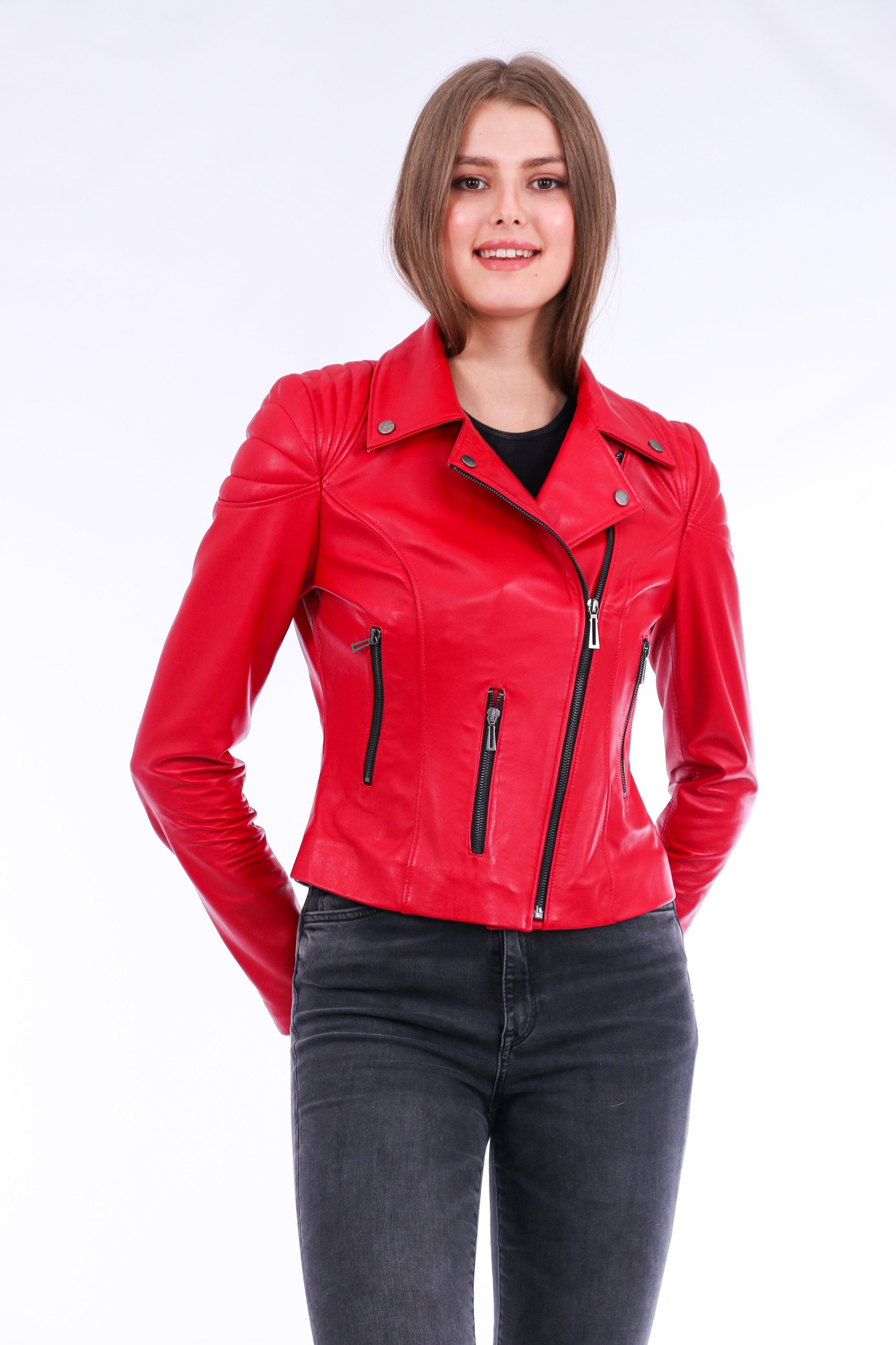 Palomi Leather Biker Jacket in vibrant red, showcasing its luxurious sheepskin leather and stylish design.