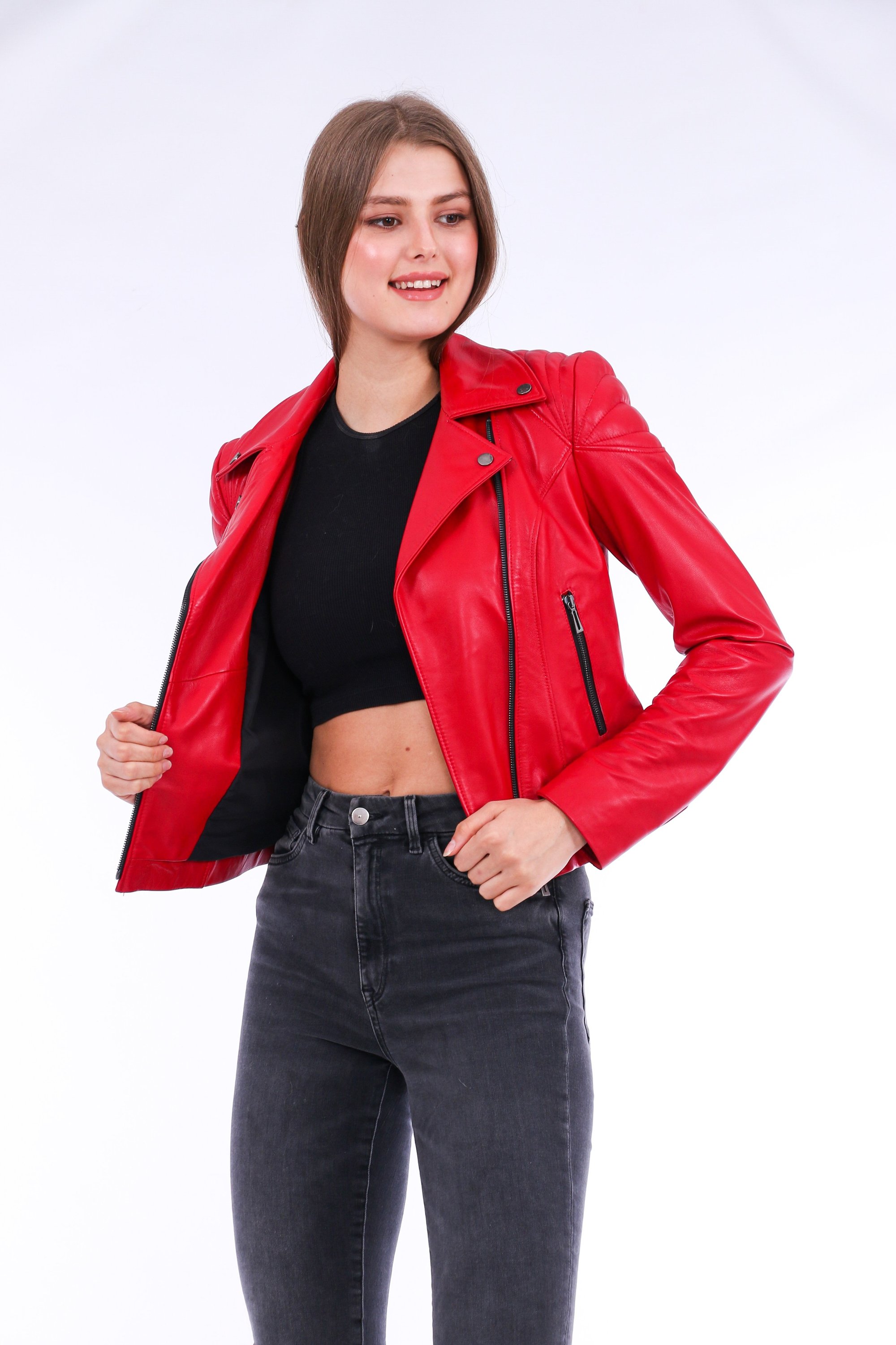 Palomi Leather Biker Jacket in vibrant red, showcasing its luxurious sheepskin leather and stylish design.