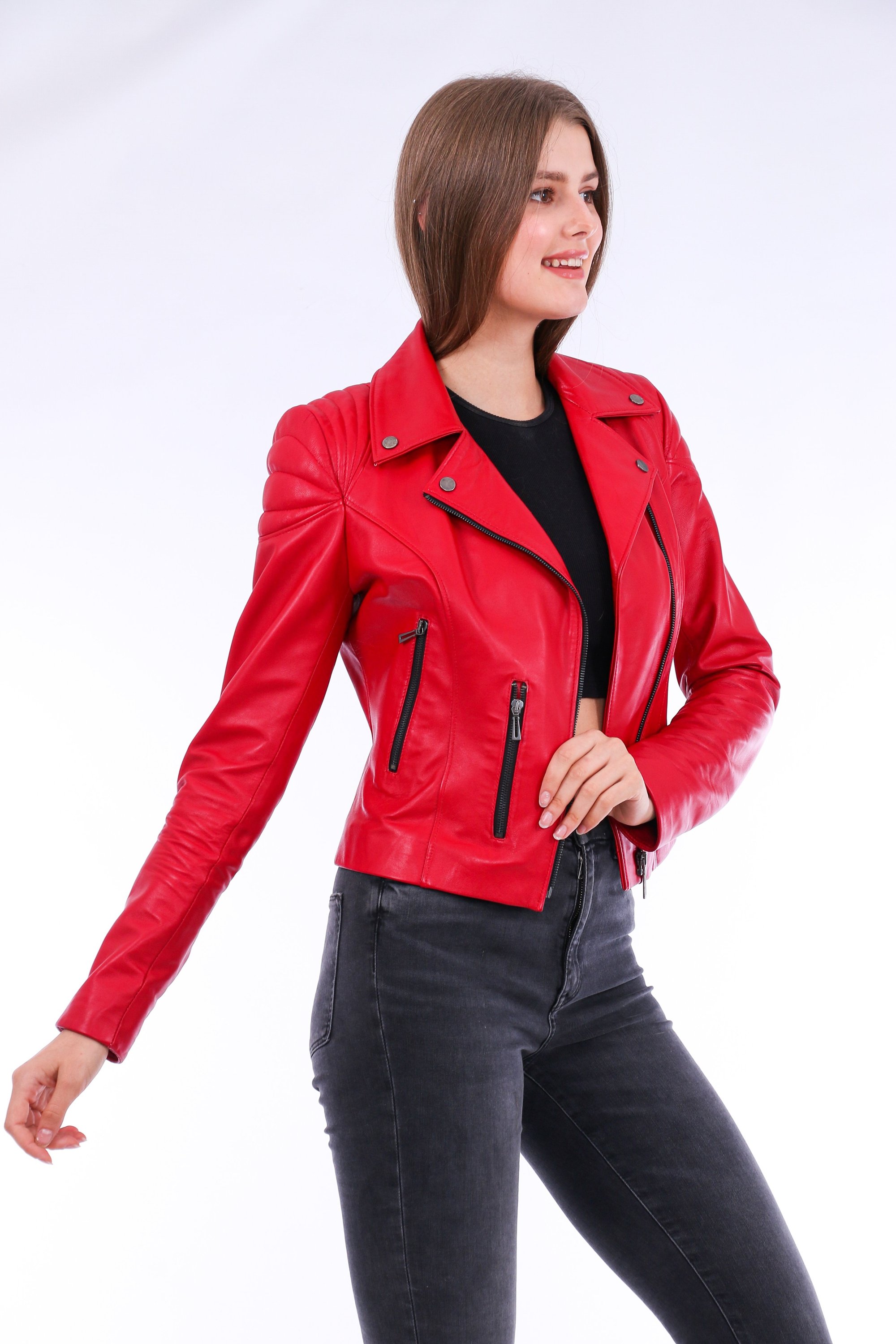 Palomi Leather Biker Jacket in vibrant red, showcasing its luxurious sheepskin leather and stylish design.