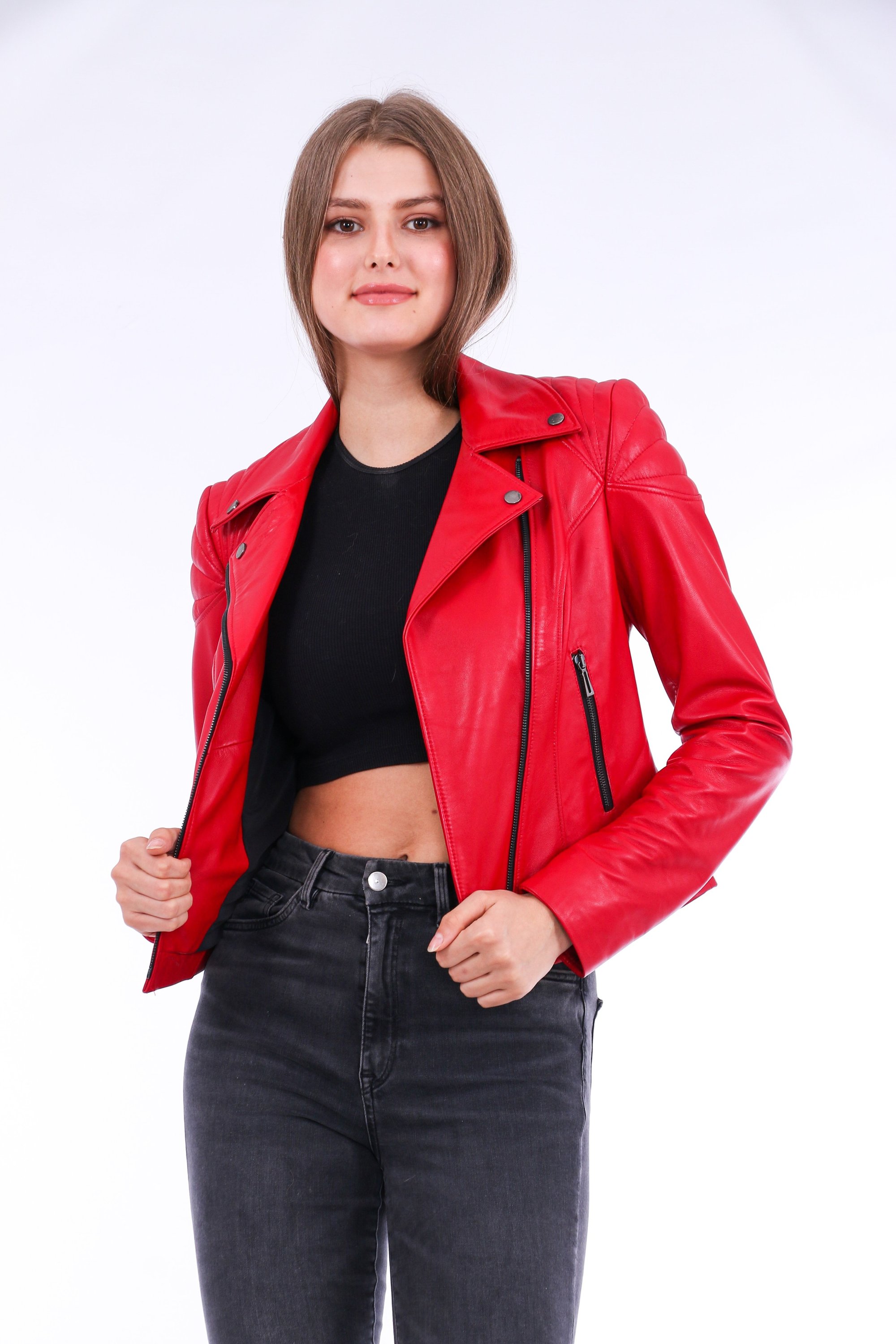 Palomi Leather Biker Jacket in vibrant red, showcasing its luxurious sheepskin leather and stylish design.