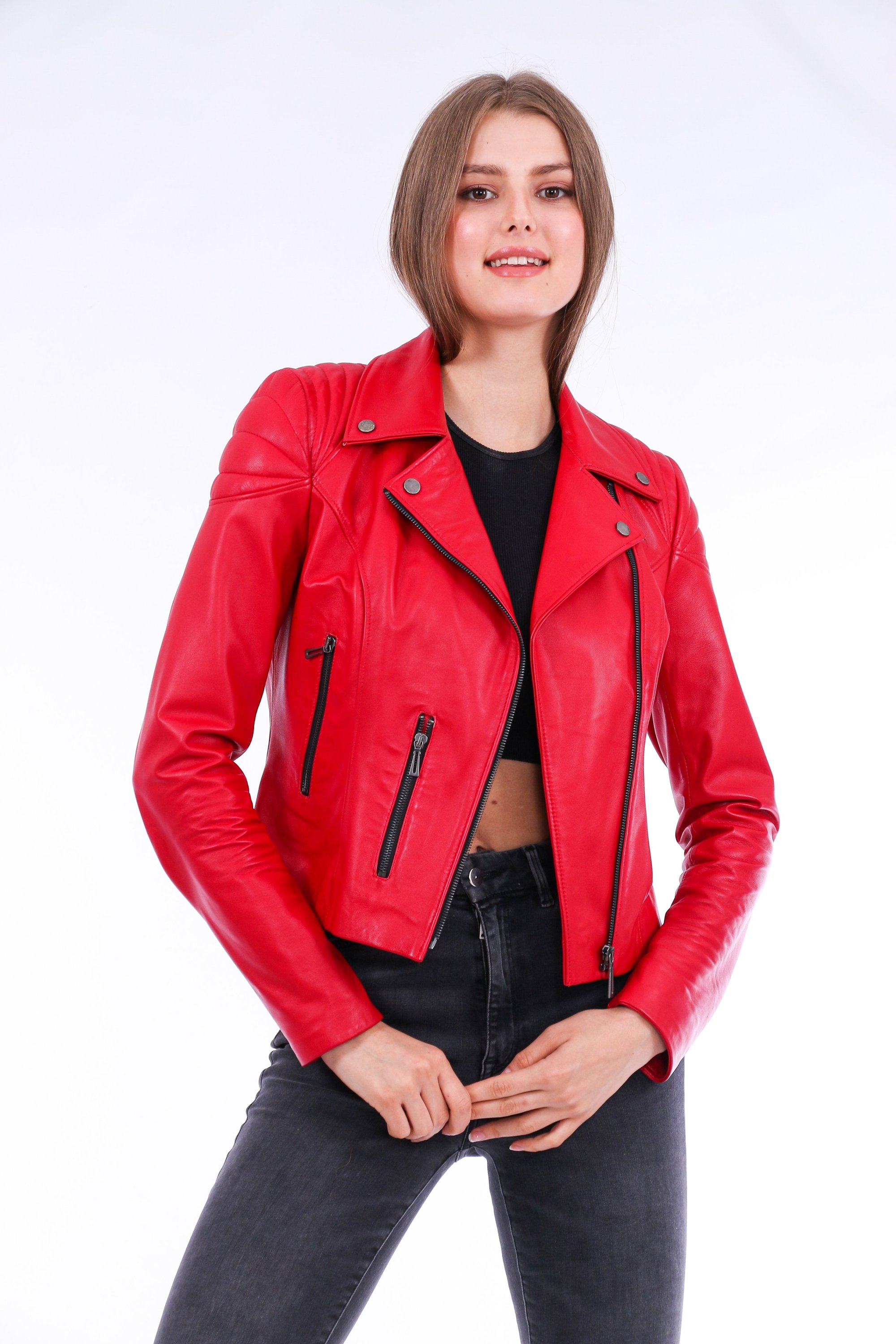 Palomi Leather Biker Jacket in vibrant red, showcasing its luxurious sheepskin leather and stylish design.