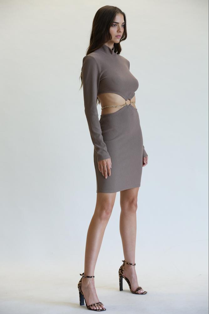 Pam Cutout Waist Dress featuring O ring detail, high neck, and long sleeves in ribbed knit fabric.