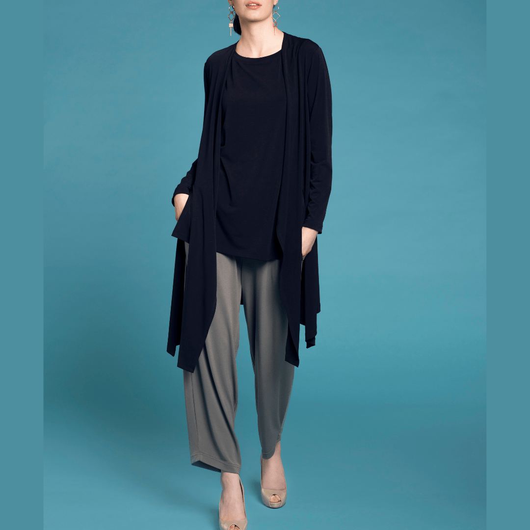 A stylish Panel Cardigan featuring tie panels, perfect for versatile styling, made from a comfortable polyester-spandex blend.