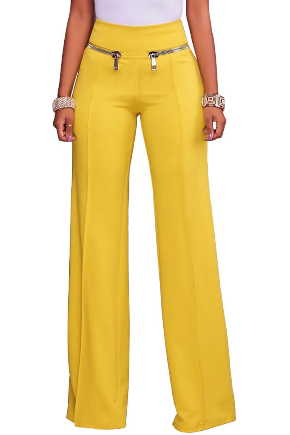 Stylish yellow wide-leg pants with gold zipper details, high-waisted design.