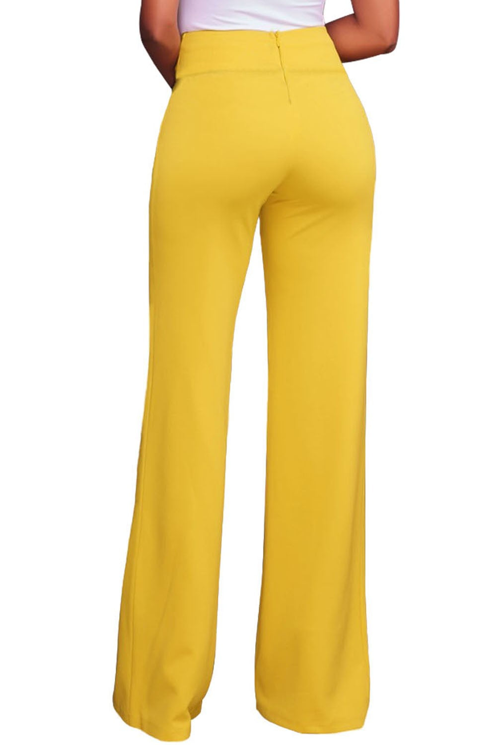 Stylish yellow wide-leg pants with gold zipper details, high-waisted design, and soft stretch fabric.