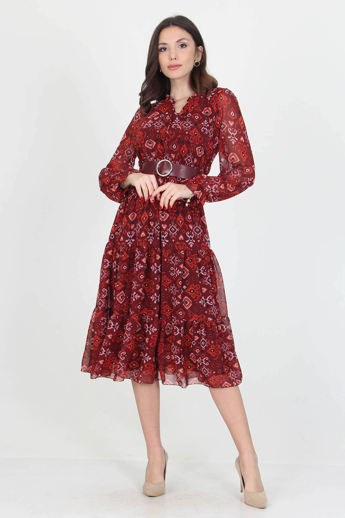 A stylish patterned chiffon dress with long sleeves and a self-tie belt, perfect for various occasions.