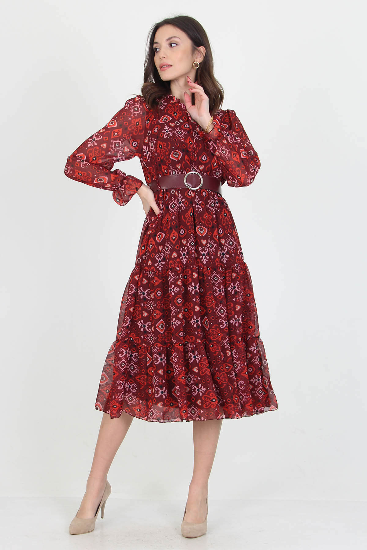 A stylish patterned chiffon dress with long sleeves and a self-tie belt, perfect for various occasions.