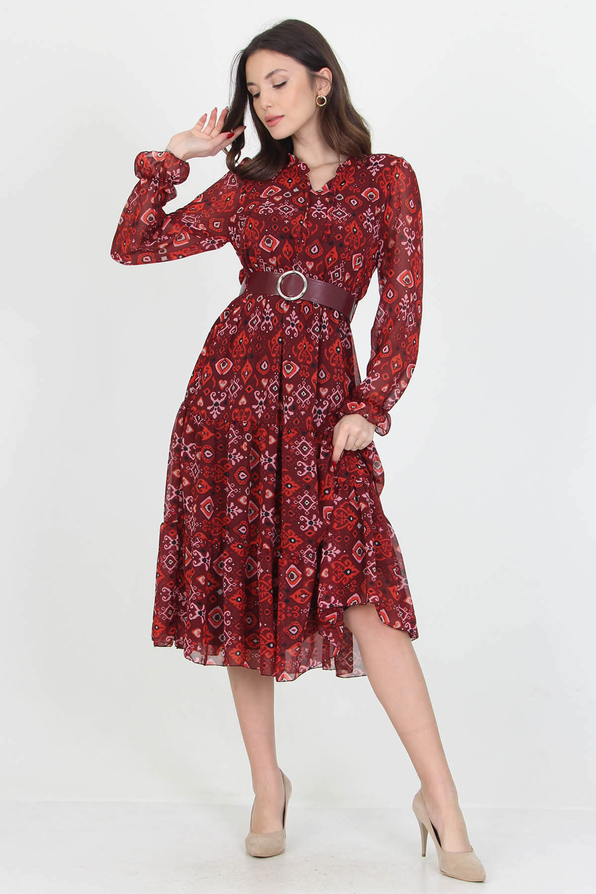 A stylish patterned chiffon dress with long sleeves and a self-tie belt, perfect for various occasions.