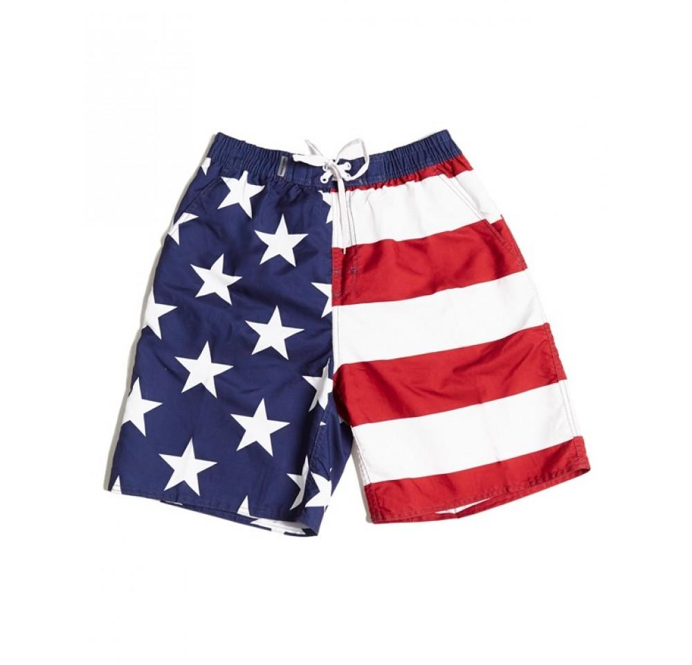 Patriotic Swim Trunk featuring a vibrant flag print, elastic waist, and multiple pockets, perfect for summer fun.