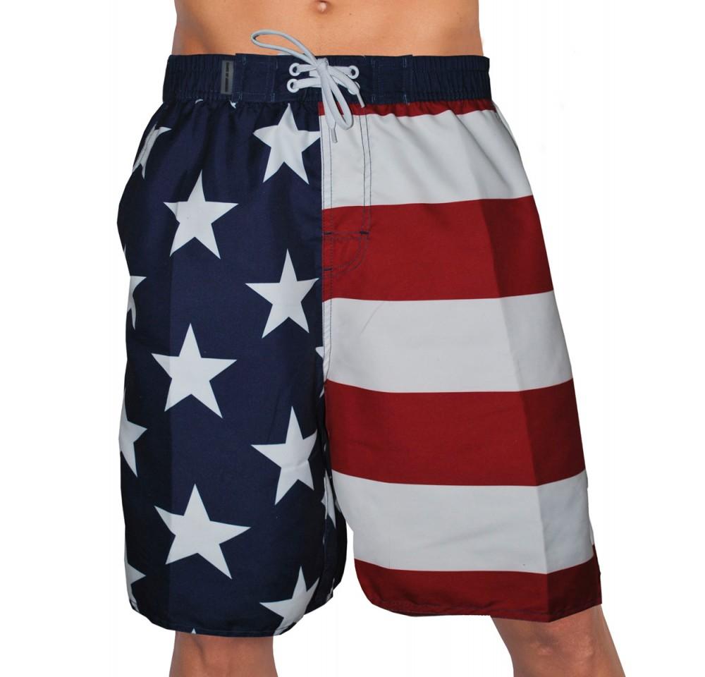 Patriotic Swim Trunk featuring a vibrant flag print, elastic waist, and multiple pockets, perfect for summer fun.