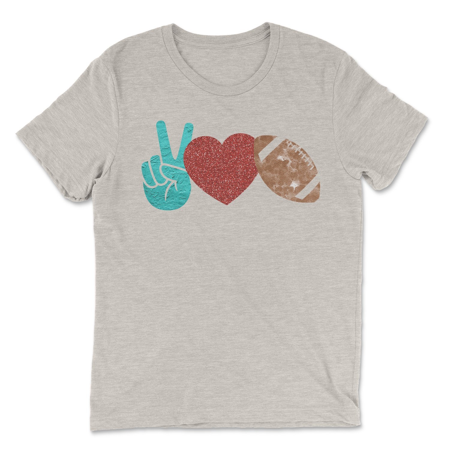 A stylish Peace Love Football Tee featuring a vibrant design, perfect for football fans, made in the USA.