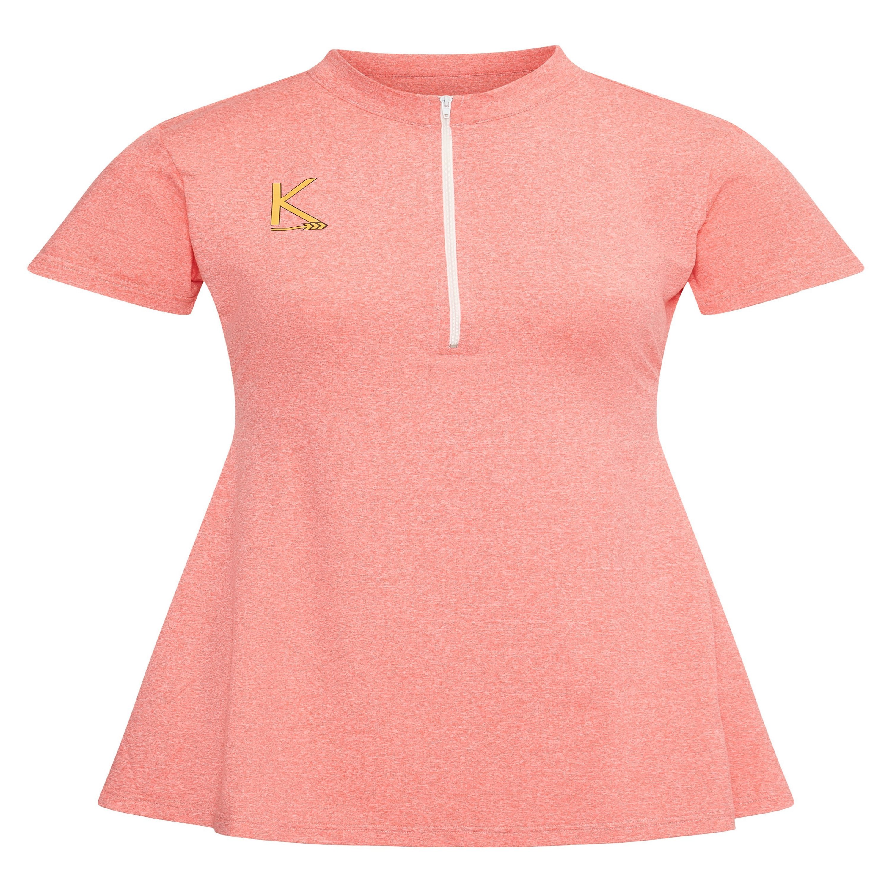 A vibrant peach dress with short sleeves and a stylish flare design, featuring a front zipper for adjustable comfort.