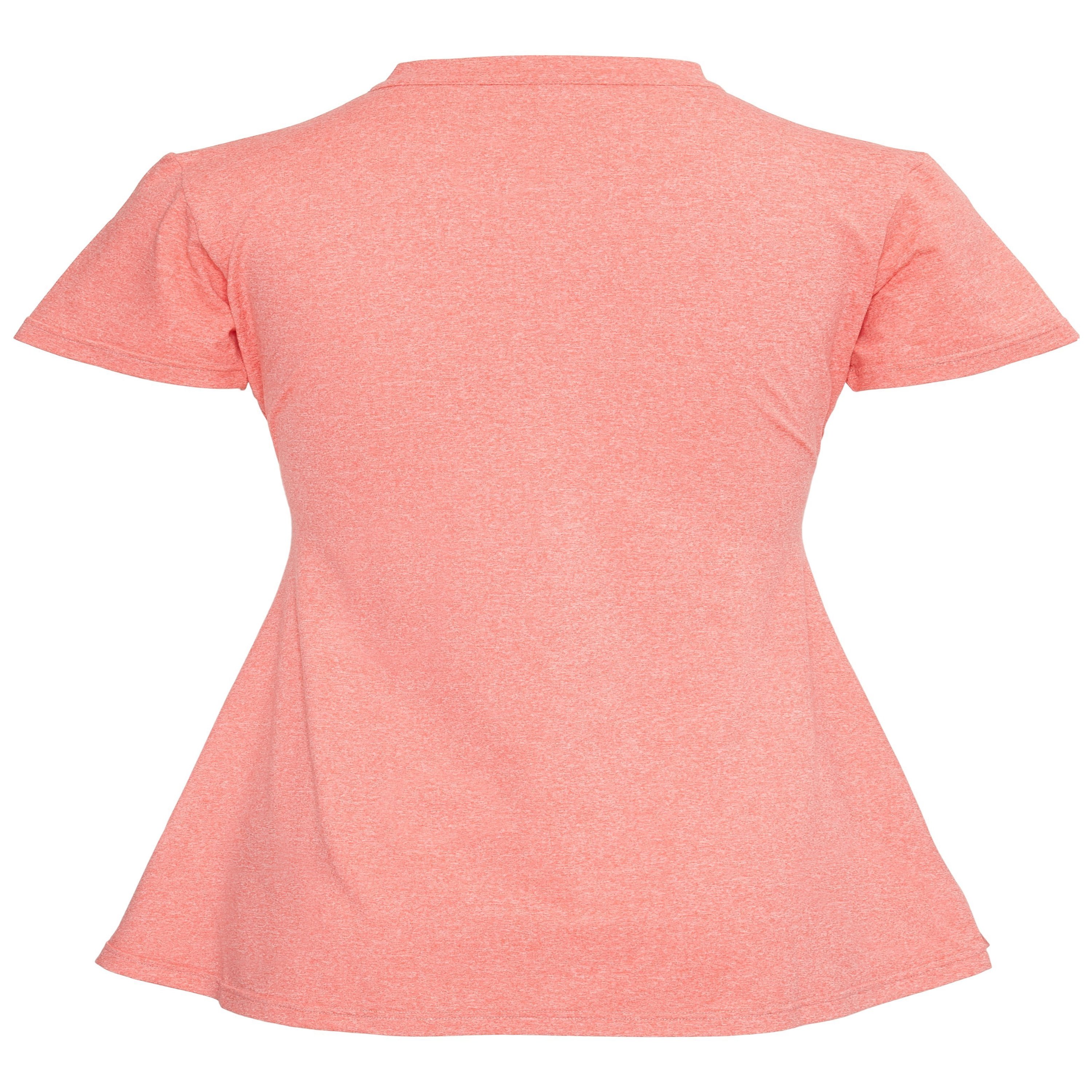 A vibrant peach dress with short sleeves and a stylish flare design, featuring a front zipper for adjustable comfort.